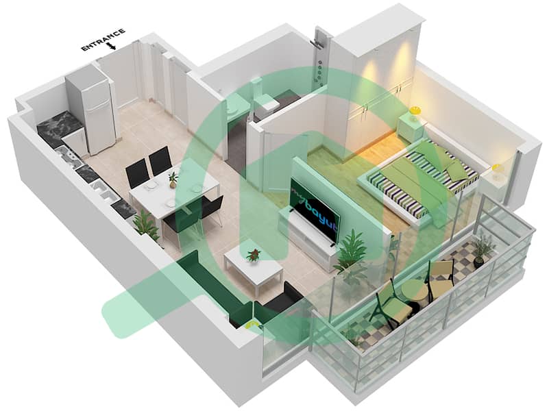 阿齐兹里维埃拉38号楼 - 1 卧室公寓类型／单位3B/8戶型图 Floor 2-10 interactive3D