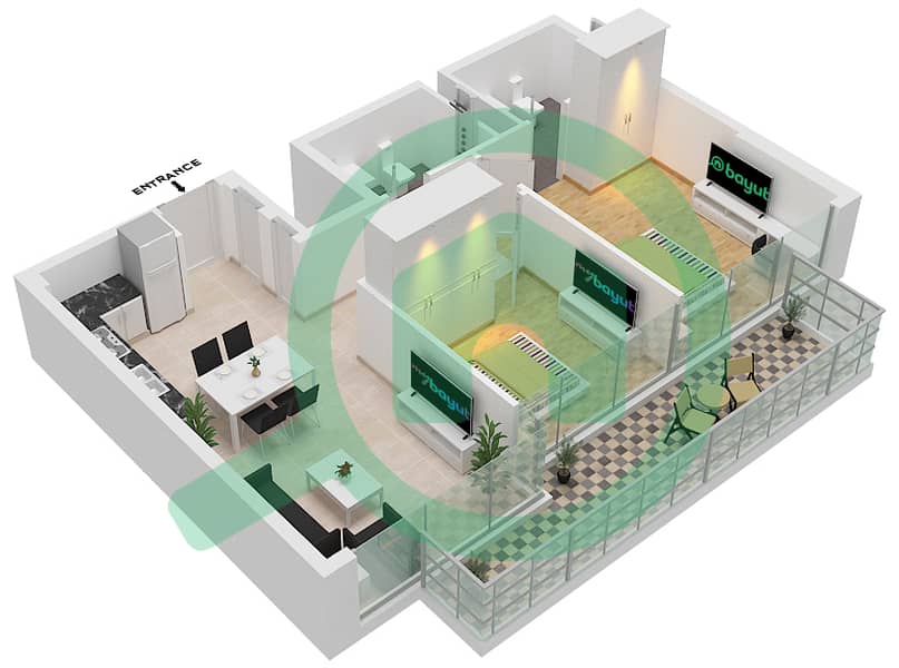 المخططات الطابقية لتصميم النموذج / الوحدة 1B/9 شقة 2 غرفة نوم - عزيزي ريفييرا 38 Floor 2-10 interactive3D