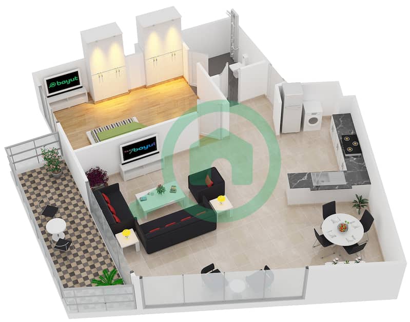 المخططات الطابقية لتصميم النموذج 9 شقة 1 غرفة نوم - بلجرافيا 3 interactive3D