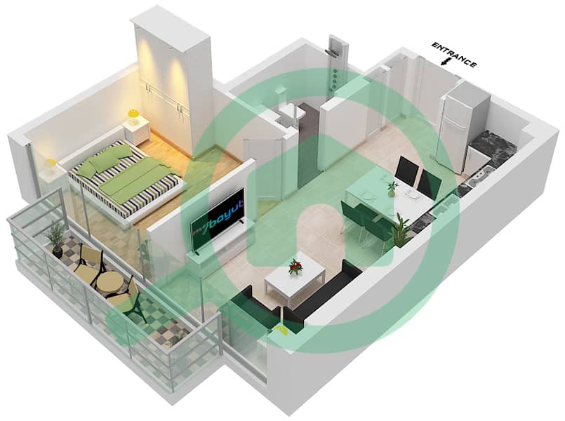 المخططات الطابقية لتصميم النموذج / الوحدة 1B/11 شقة 1 غرفة نوم - عزيزي ريفييرا 38 Floor 2-10 interactive3D