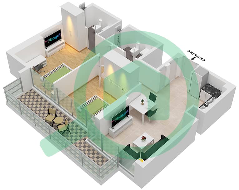 阿齐兹里维埃拉38号楼 - 2 卧室公寓类型／单位1B/12戶型图 Floor 2-10 interactive3D