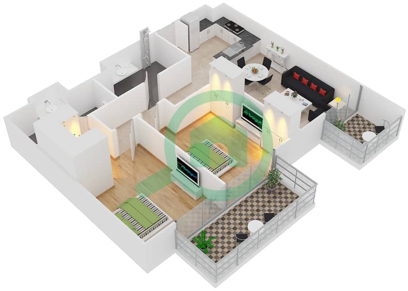 المخططات الطابقية لتصميم النموذج 1-1 شقة 2 غرفة نوم - بلجرافيا 3 interactive3D