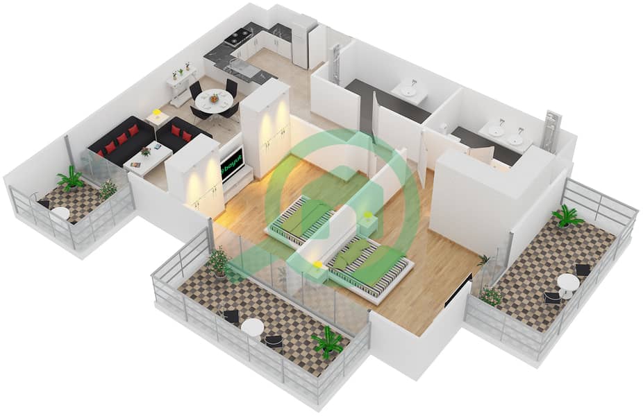 المخططات الطابقية لتصميم النموذج 1-4 شقة 2 غرفة نوم - بلجرافيا 3 interactive3D