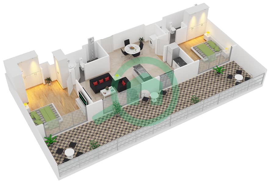 المخططات الطابقية لتصميم النموذج 2 شقة 2 غرفة نوم - بلجرافيا 3 interactive3D