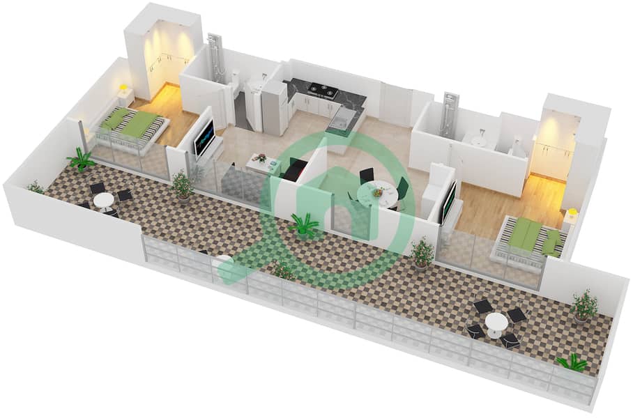المخططات الطابقية لتصميم النموذج 2-1 شقة 2 غرفة نوم - بلجرافيا 3 interactive3D