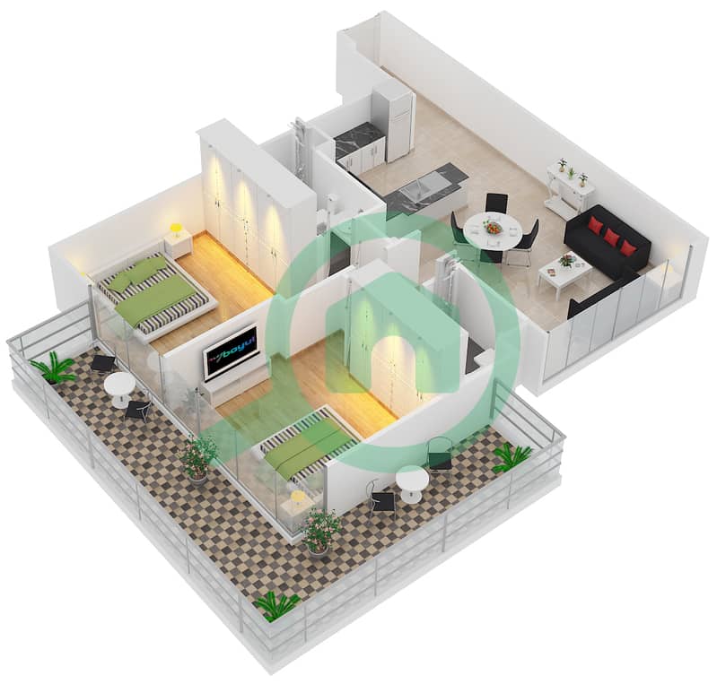 贝尔格莱维亚3公寓 - 2 卧室公寓类型3戶型图 interactive3D