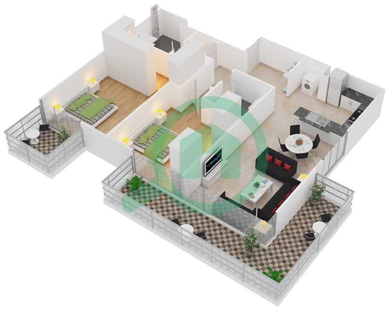 المخططات الطابقية لتصميم النموذج 4 شقة 2 غرفة نوم - بلجرافيا 3 interactive3D