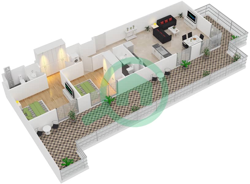 المخططات الطابقية لتصميم النموذج 5 شقة 2 غرفة نوم - بلجرافيا 3 interactive3D