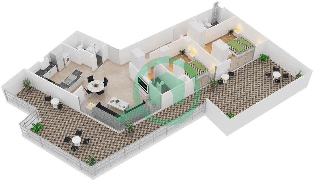 المخططات الطابقية لتصميم النموذج 9 شقة 2 غرفة نوم - بلجرافيا 3 interactive3D