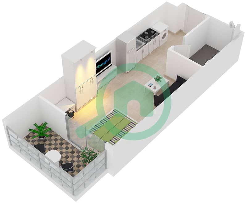 المخططات الطابقية لتصميم النموذج 1 شقة استوديو - بلجرافيا 3 interactive3D