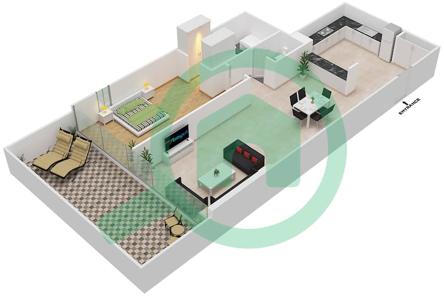 المخططات الطابقية لتصميم الوحدة 001 شقة 1 غرفة نوم - شقق المدينة Ground Floor interactive3D