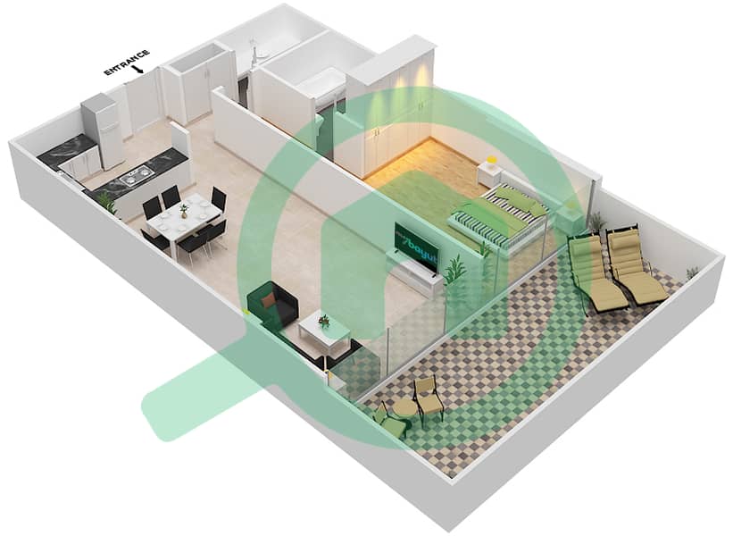 المخططات الطابقية لتصميم الوحدة 003 شقة 1 غرفة نوم - شقق المدينة Ground Floor interactive3D