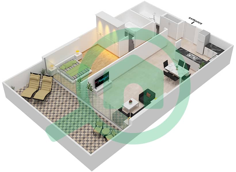 المخططات الطابقية لتصميم الوحدة 004 شقة 1 غرفة نوم - شقق المدينة Ground Floor interactive3D