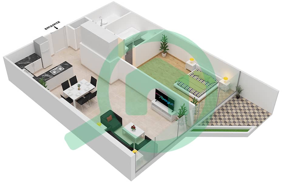 المخططات الطابقية لتصميم الوحدة 101 شقة 1 غرفة نوم - شقق المدينة First Floor interactive3D