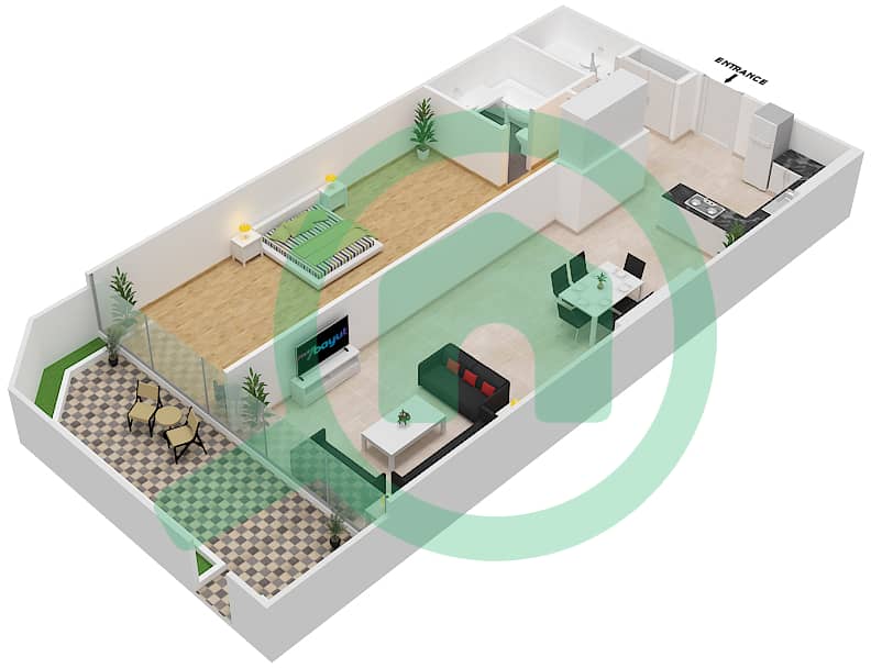 المخططات الطابقية لتصميم الوحدة 102 شقة 1 غرفة نوم - شقق المدينة First Floor interactive3D