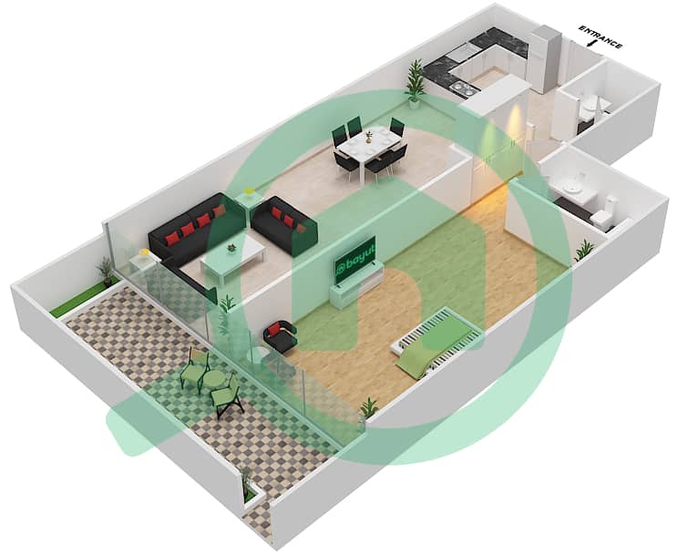 都市公寓 - 1 卧室公寓单位103戶型图 First Floor interactive3D