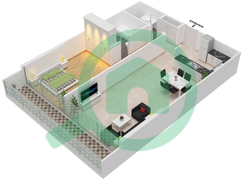 المخططات الطابقية لتصميم الوحدة 107 شقة 1 غرفة نوم - شقق المدينة First Floor interactive3D