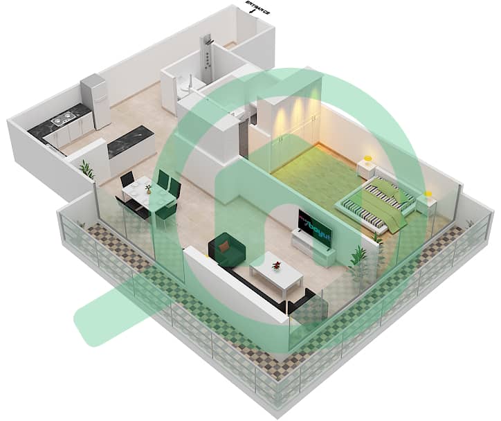 المخططات الطابقية لتصميم الوحدة 108 شقة 1 غرفة نوم - شقق المدينة First Floor interactive3D