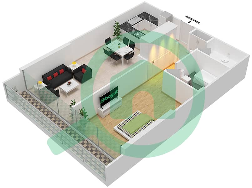 المخططات الطابقية لتصميم الوحدة 110 شقة 1 غرفة نوم - شقق المدينة First Floor interactive3D