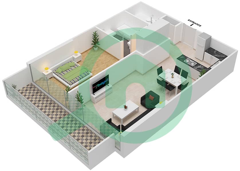المخططات الطابقية لتصميم الوحدة 111 شقة 1 غرفة نوم - شقق المدينة First Floor interactive3D