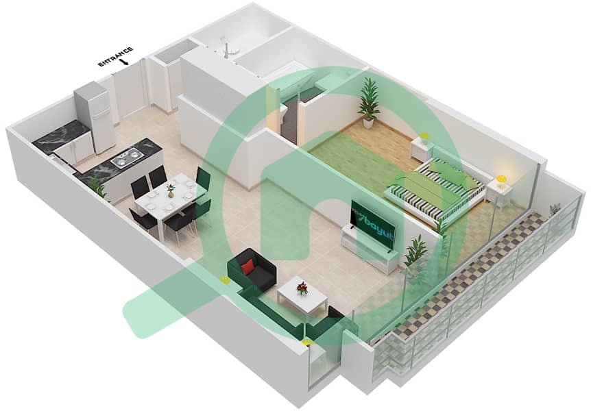 المخططات الطابقية لتصميم الوحدة 112 شقة 1 غرفة نوم - شقق المدينة First Floor interactive3D