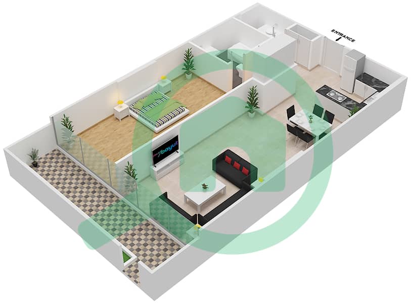 都市公寓 - 1 卧室公寓单位115戶型图 First Floor interactive3D