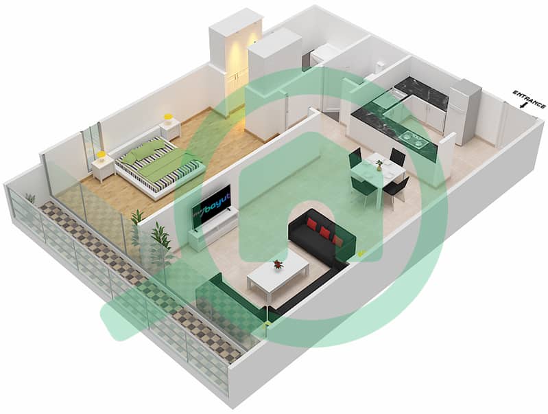 المخططات الطابقية لتصميم الوحدة 304 شقة 1 غرفة نوم - شقق المدينة Second,Third Floor interactive3D