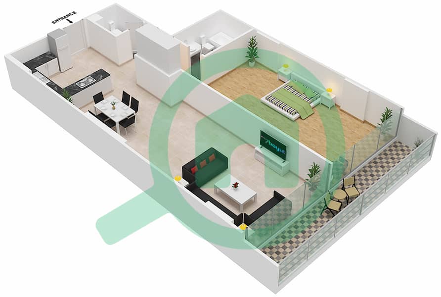 المخططات الطابقية لتصميم الوحدة 303 شقة 1 غرفة نوم - شقق المدينة Second,Third Floor interactive3D