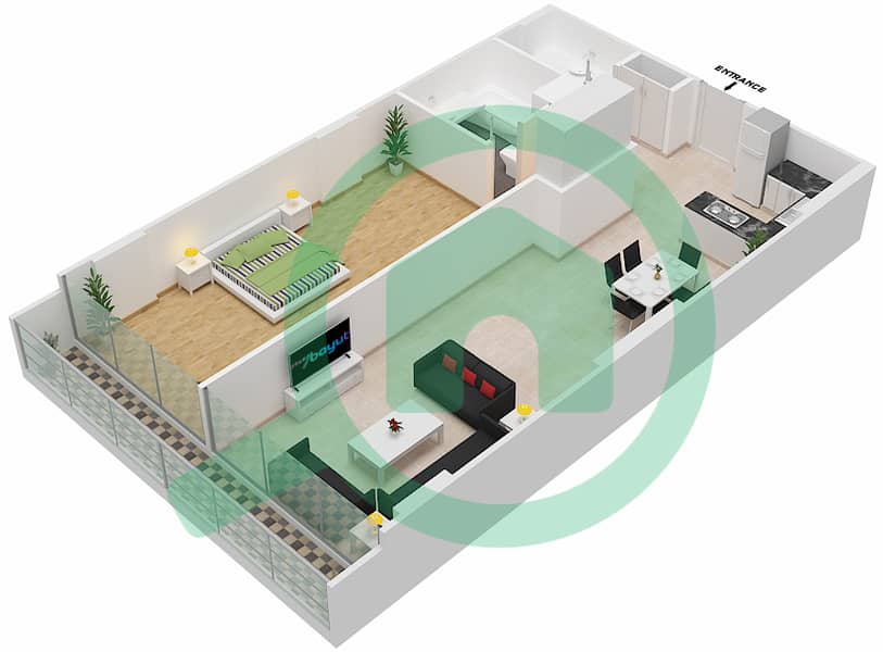 المخططات الطابقية لتصميم الوحدة 302 شقة 1 غرفة نوم - شقق المدينة Second,Third Floor interactive3D