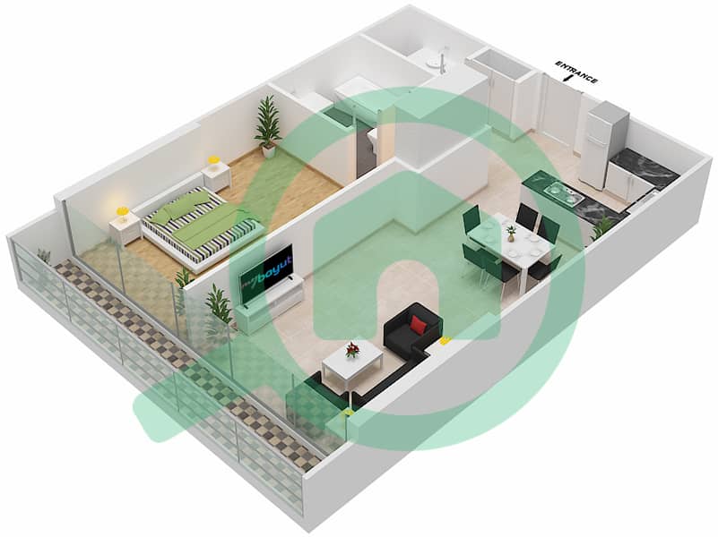 المخططات الطابقية لتصميم الوحدة 305 شقة 1 غرفة نوم - شقق المدينة Second,Third Floor interactive3D