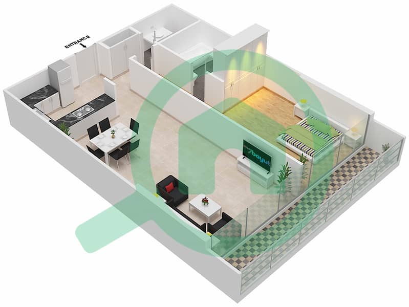 المخططات الطابقية لتصميم الوحدة 306 شقة 1 غرفة نوم - شقق المدينة Second,Third Floor interactive3D