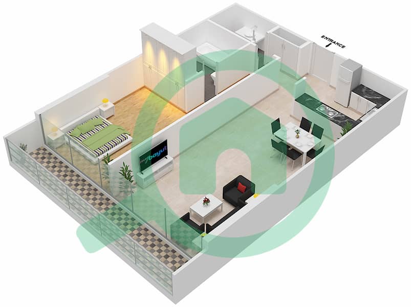 المخططات الطابقية لتصميم الوحدة 307 شقة 1 غرفة نوم - شقق المدينة Second,Third Floor interactive3D