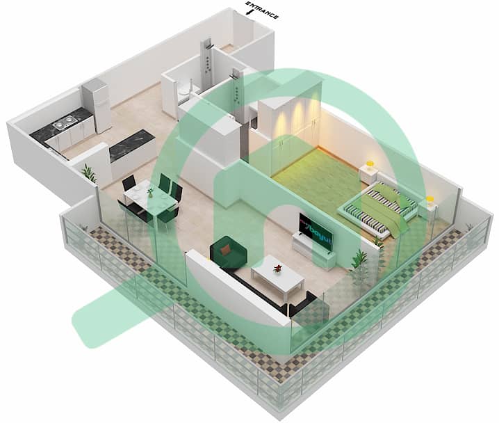 المخططات الطابقية لتصميم الوحدة 308 شقة 1 غرفة نوم - شقق المدينة Second,Third Floor interactive3D
