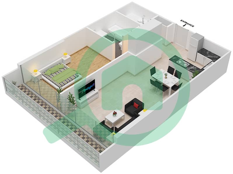 都市公寓 - 1 卧室公寓单位113戶型图 First Floor interactive3D
