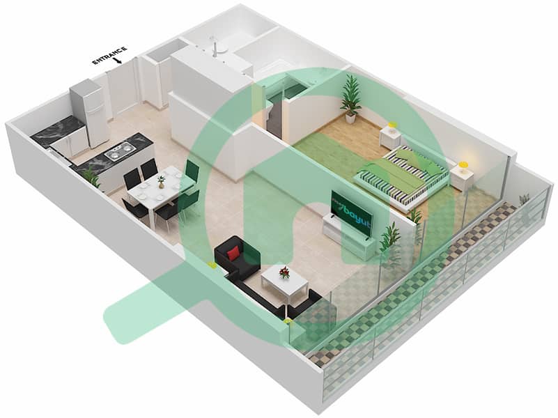 المخططات الطابقية لتصميم الوحدة 310 شقة 1 غرفة نوم - شقق المدينة Second,Third Floor interactive3D