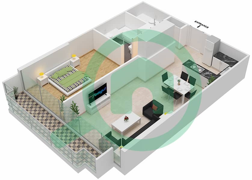 المخططات الطابقية لتصميم الوحدة 311 شقة 1 غرفة نوم - شقق المدينة Second,Third Floor interactive3D