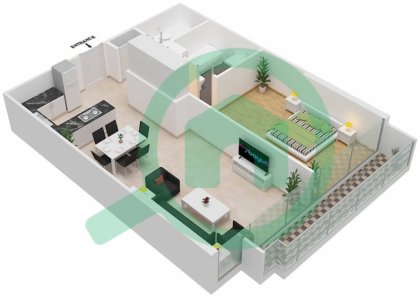 المخططات الطابقية لتصميم الوحدة 312 شقة 1 غرفة نوم - شقق المدينة Second,Third Floor interactive3D
