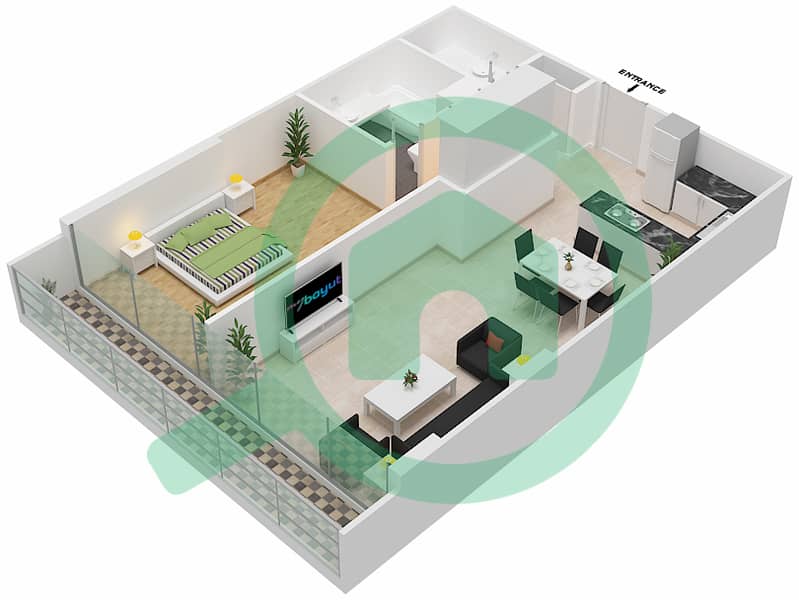 المخططات الطابقية لتصميم الوحدة 313 شقة 1 غرفة نوم - شقق المدينة Second,Third Floor interactive3D