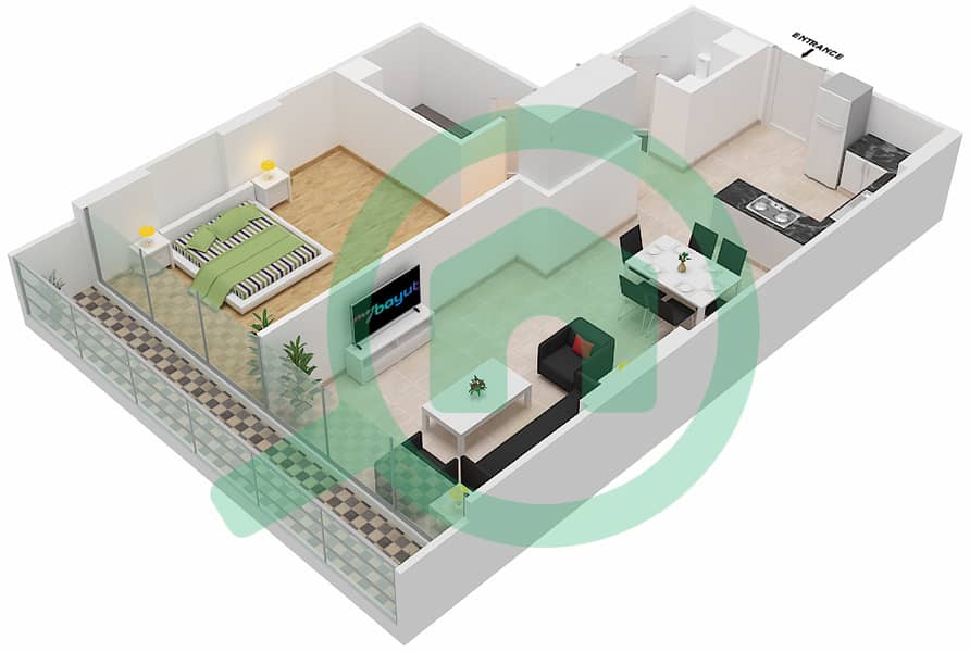المخططات الطابقية لتصميم الوحدة 314 شقة 1 غرفة نوم - شقق المدينة Second,Third Floor interactive3D