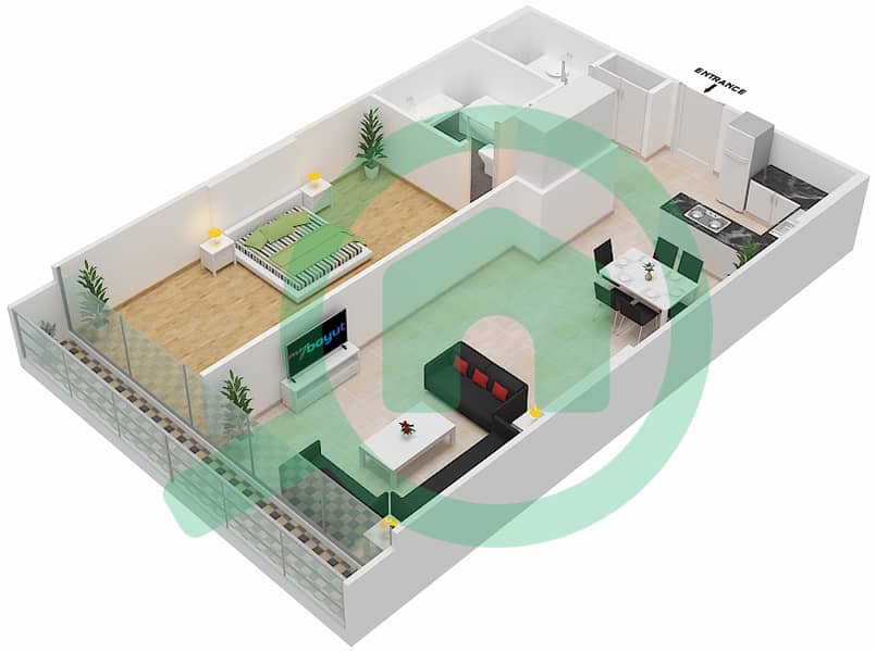المخططات الطابقية لتصميم الوحدة 315 شقة 1 غرفة نوم - شقق المدينة Second,Third Floor interactive3D