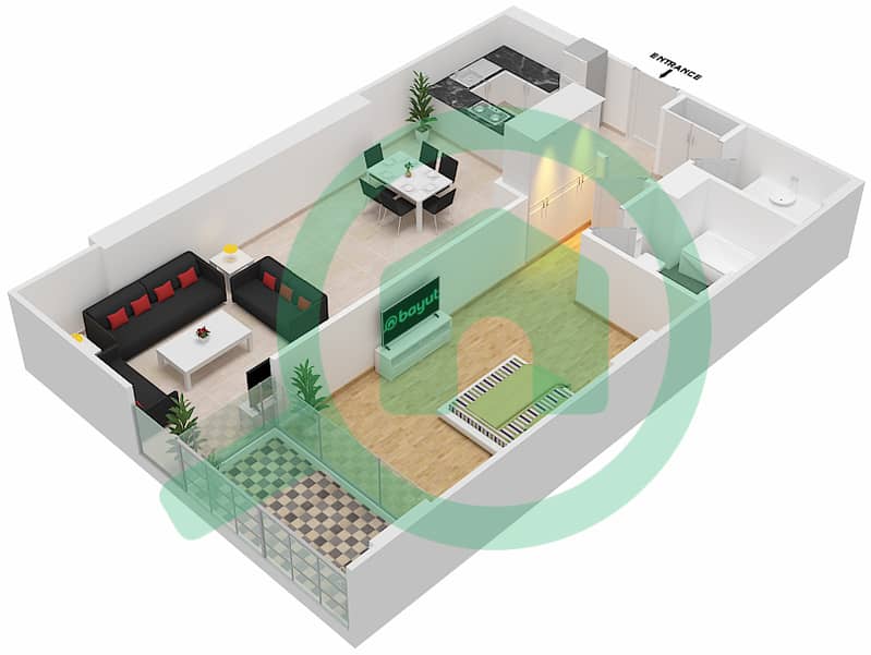 المخططات الطابقية لتصميم الوحدة 401 شقة 1 غرفة نوم - شقق المدينة Forth Floor interactive3D