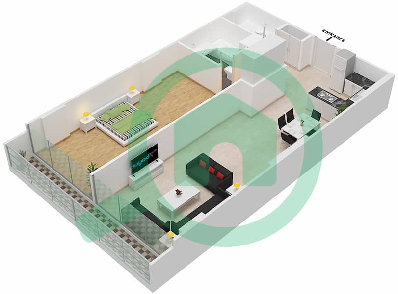 المخططات الطابقية لتصميم الوحدة 402 شقة 1 غرفة نوم - شقق المدينة Forth Floor interactive3D
