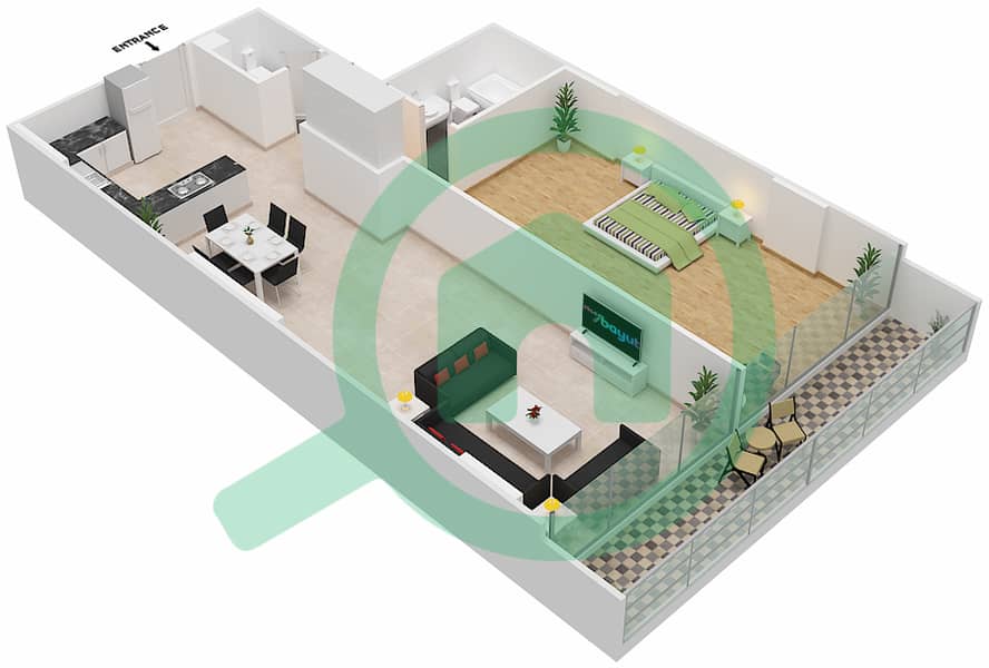 المخططات الطابقية لتصميم الوحدة 403 شقة 1 غرفة نوم - شقق المدينة Forth Floor interactive3D