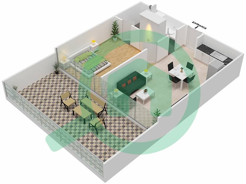 المخططات الطابقية لتصميم الوحدة 405 شقة 1 غرفة نوم - شقق المدينة Forth Floor interactive3D
