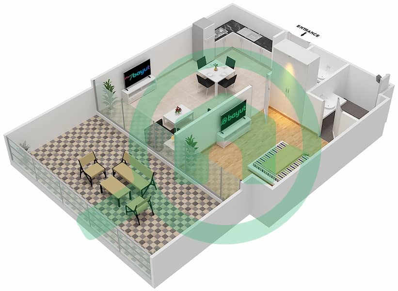 المخططات الطابقية لتصميم الوحدة 406 شقة 1 غرفة نوم - شقق المدينة Forth Floor interactive3D