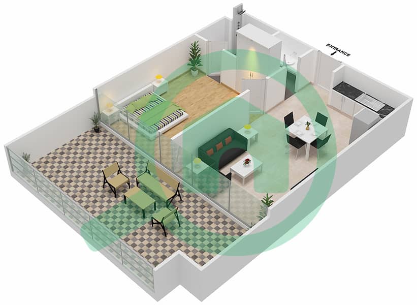 المخططات الطابقية لتصميم الوحدة 407 شقة 1 غرفة نوم - شقق المدينة Forth Floor interactive3D