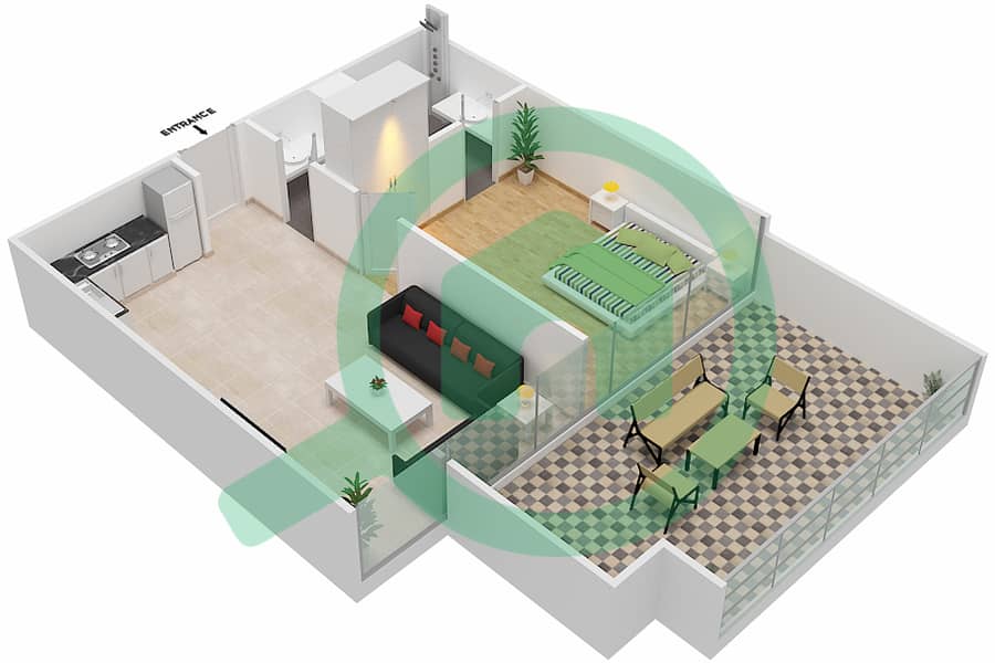 المخططات الطابقية لتصميم الوحدة 411 شقة 1 غرفة نوم - شقق المدينة Forth Floor interactive3D