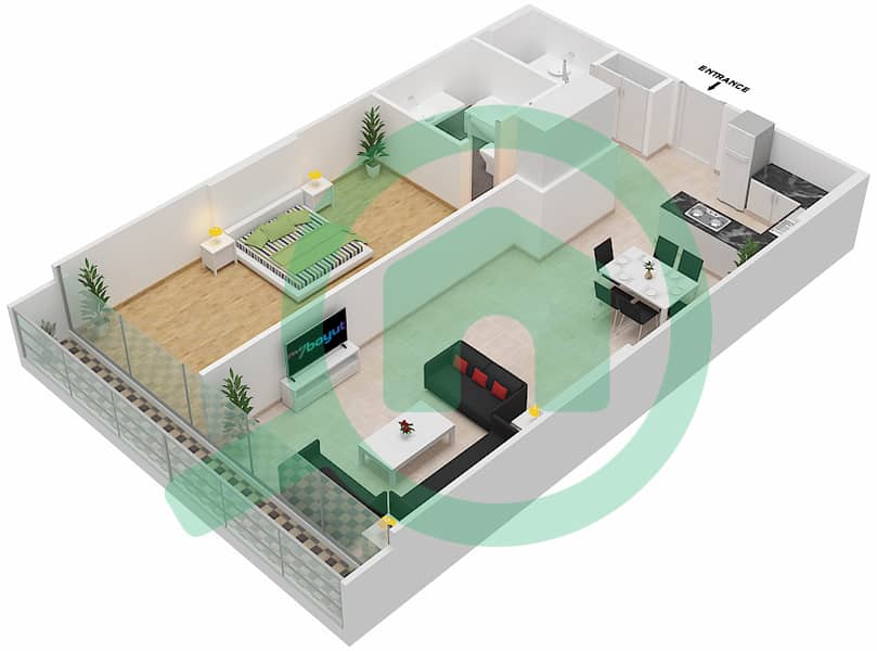 المخططات الطابقية لتصميم الوحدة 414 شقة 1 غرفة نوم - شقق المدينة Forth Floor interactive3D