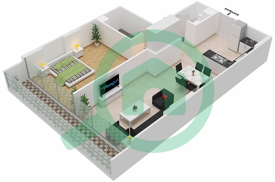 المخططات الطابقية لتصميم الوحدة 413 شقة 1 غرفة نوم - شقق المدينة Forth Floor interactive3D