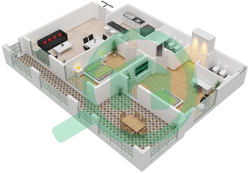 Аль Хамра Вилладж Марина Апартментс - Апартамент 2 Cпальни планировка Тип B interactive3D